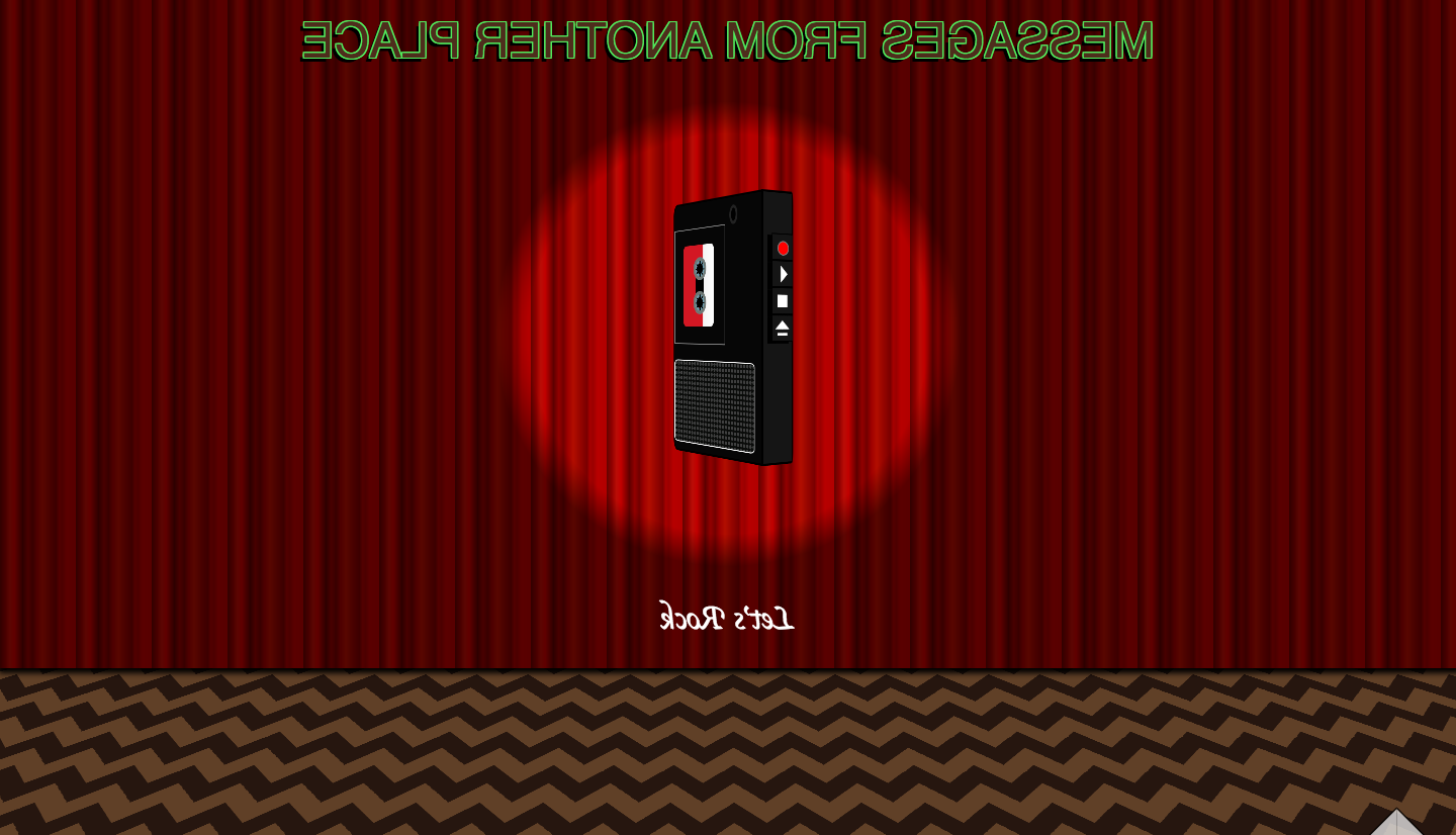A snapshot of the website, which shows a background that reminds to the Red Room from Twin Peaks and a tape recorder in the center of the viewport