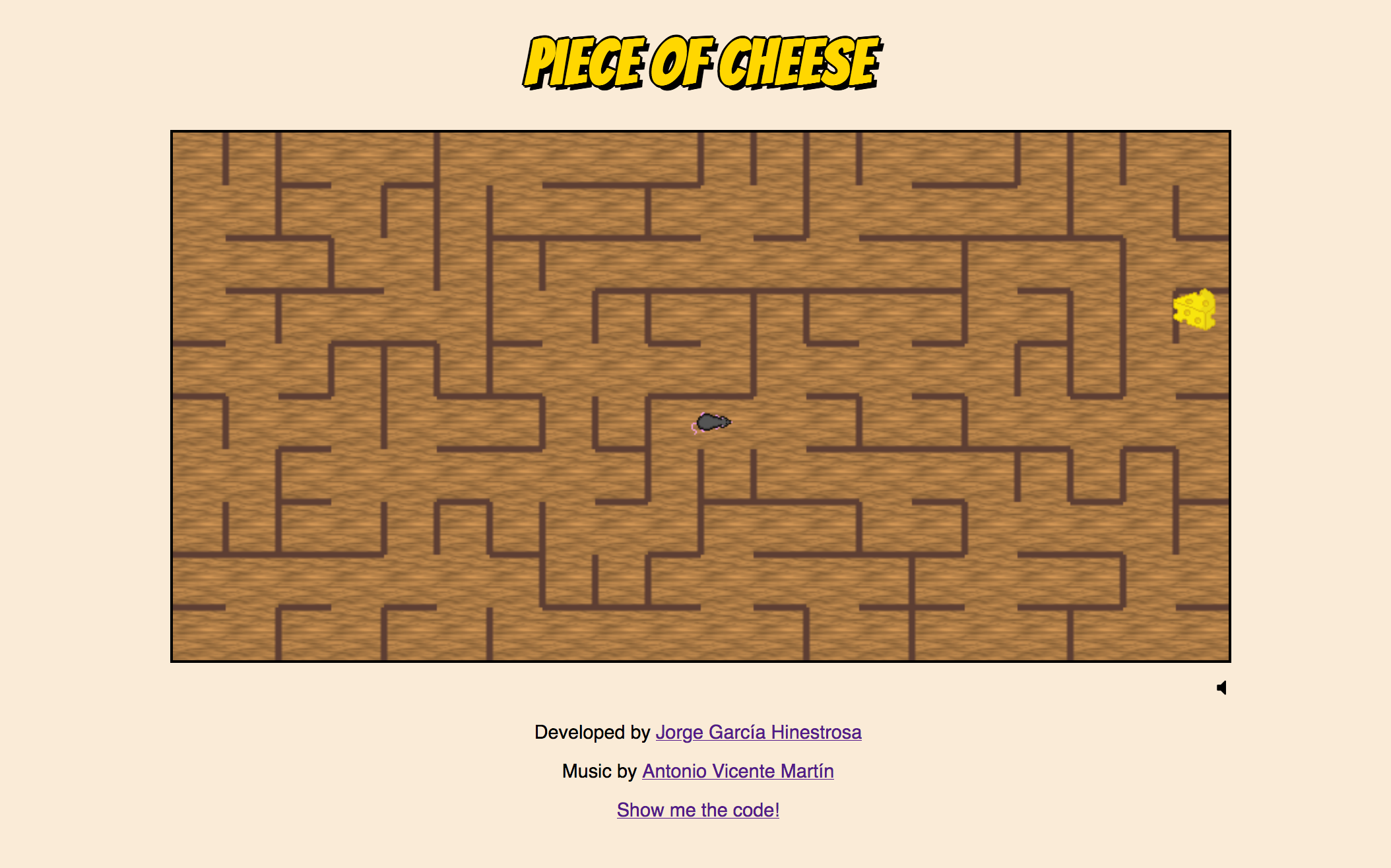 A snapshot of the website which shows a maze, a rat sprite and a cheese sprite at the end of the maze