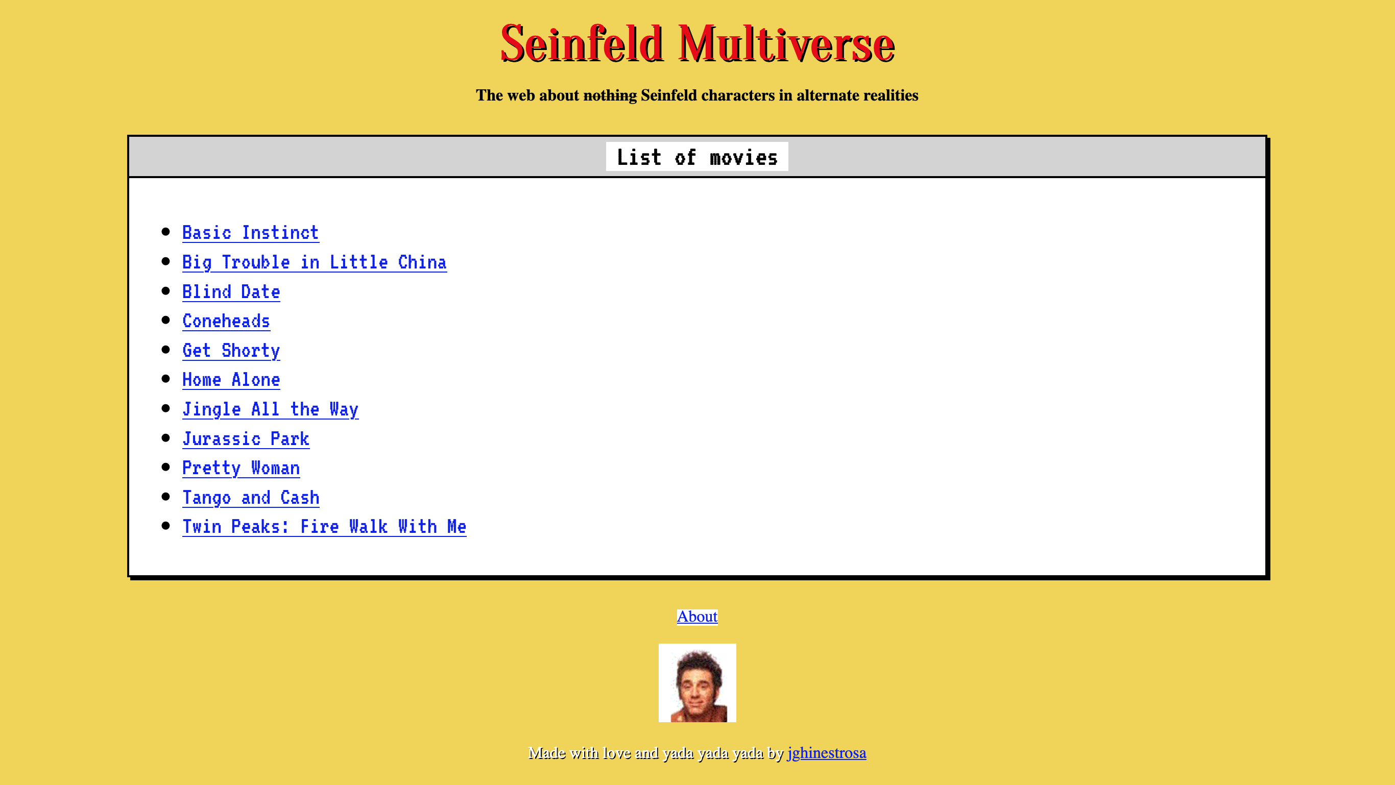 A snapshot of the Seinfeld Multiverse website. It displays a list of movies where two or more actors from Seinfeld appear.
