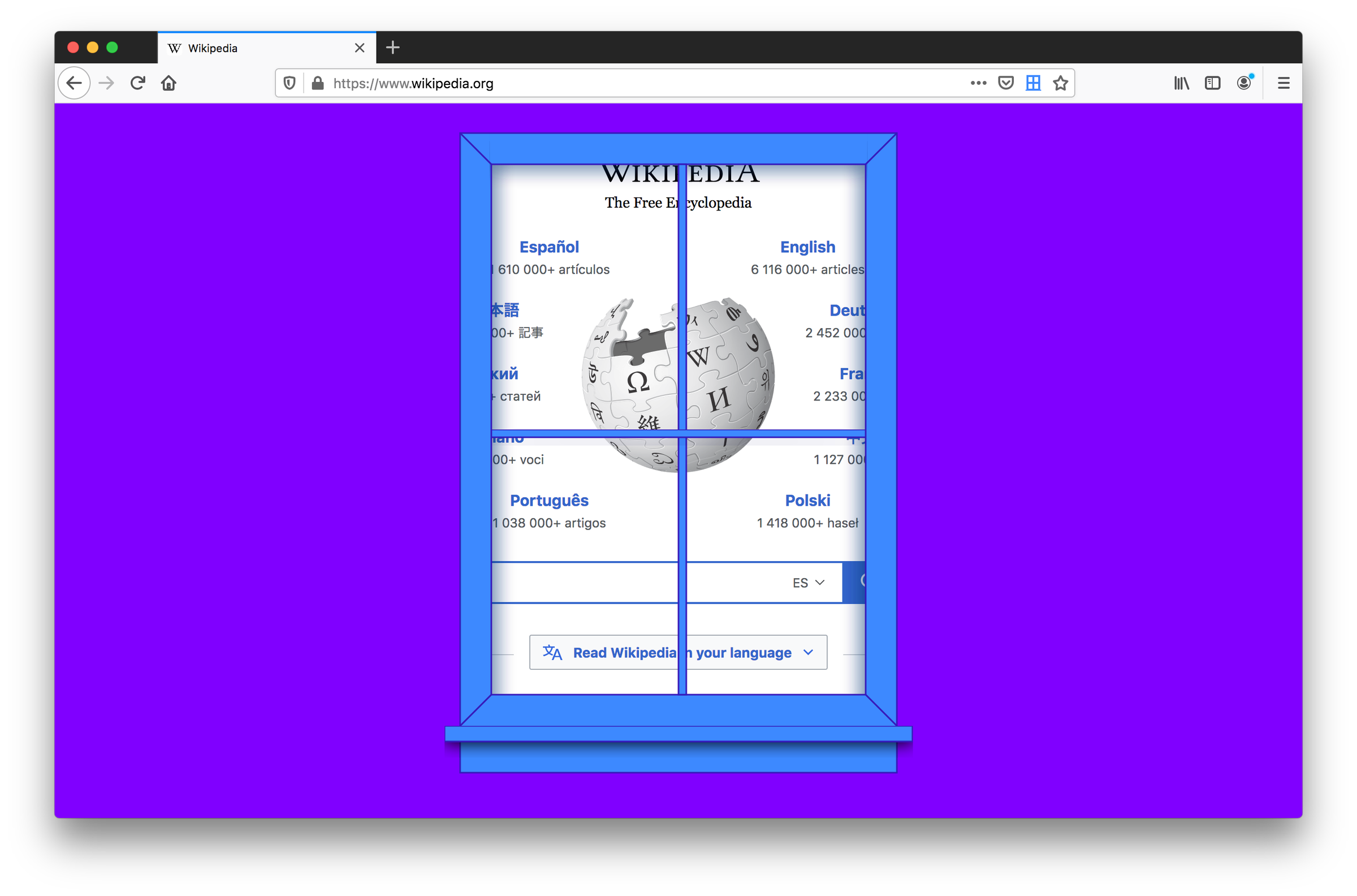 A snapshot of the add-on enabled in the Wikipedia frontpage, which covers it as Wikipedia was behind a wall with a window
