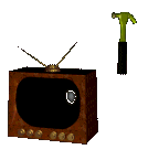 A TV being smashed with a hammer